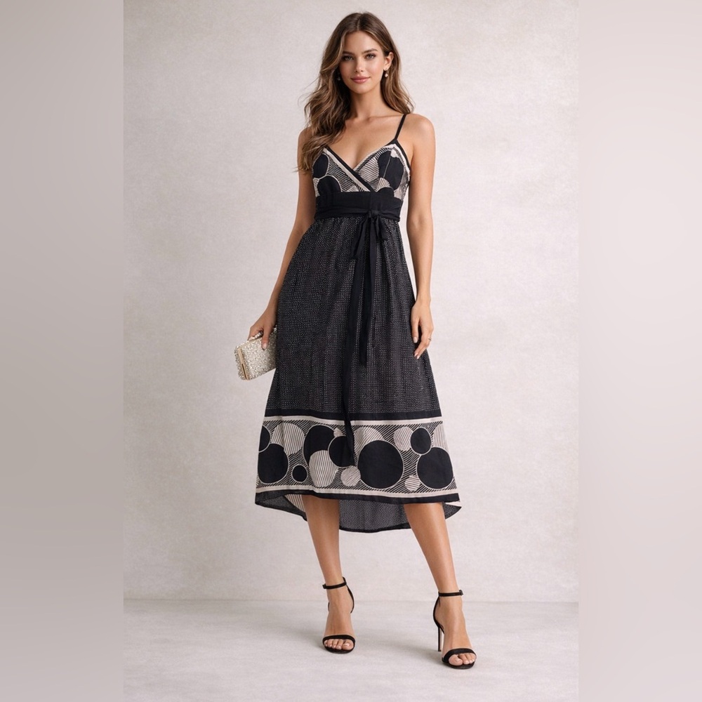Ted Baker Black & White Midi Dress Polka Dot V-Neck Tie Waist Sleeveless Size 3